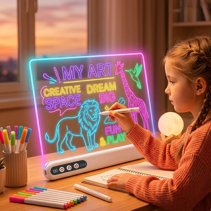 LED Drawing Board for Kids Rechargeable Light-Up Acrylic Neon Board with Timer and Built-in Stand Digital Battery