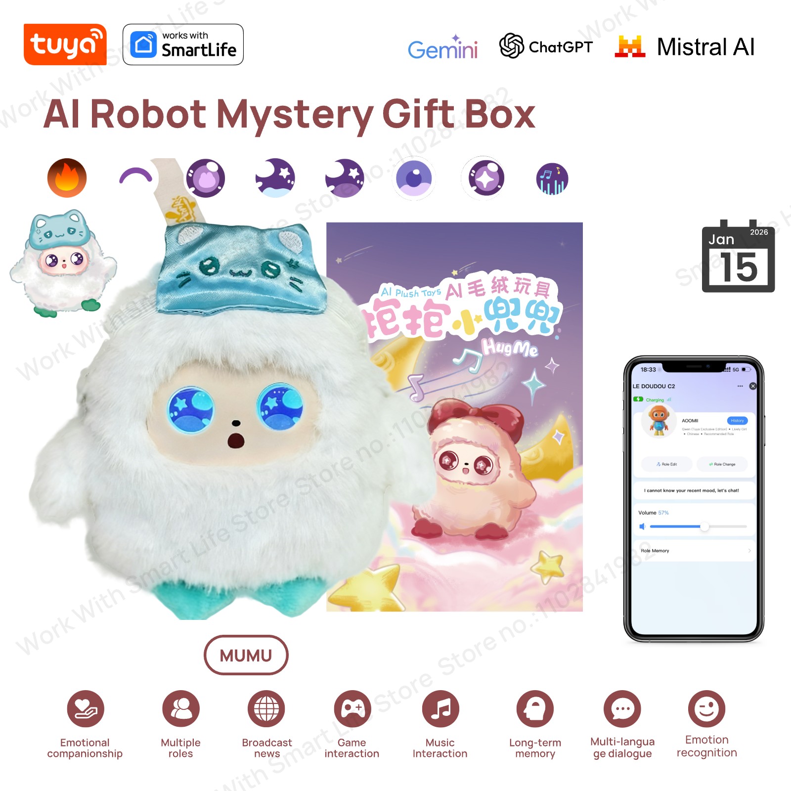 NEW LAUNCH-MuMu! Tuya Smart AI Plush Toy Mystery Box,3in1 Smart Voice LED Eyes Interactive E-Pet W/Tuya APP Perfect Gift-White