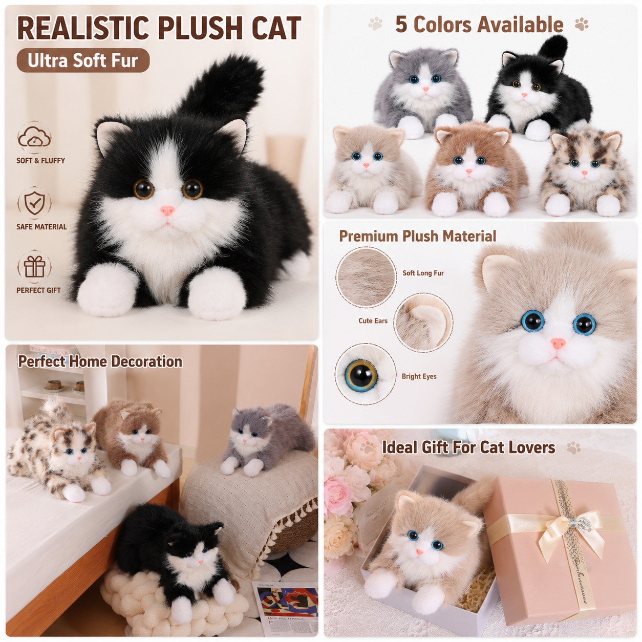 Simulation Plush Cat Toy Realistic Long Fur Kitten Doll Soft Stuffed Animal Cat Pillow Home Decoration Gift for Kids Girls