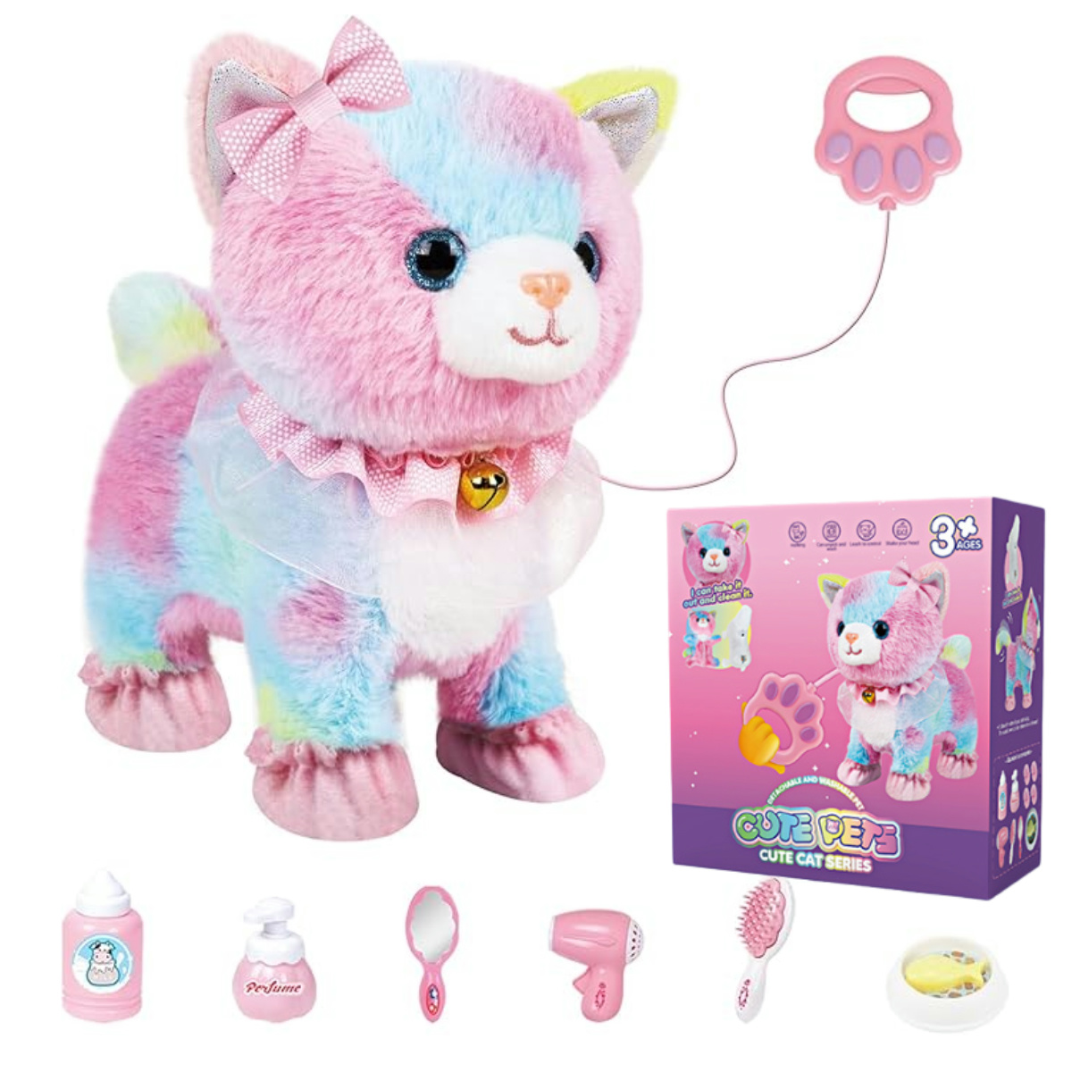 Touch & Voice Controlled Remote Lifelike Walking Cat Toy with Leash, Can Walk, Meow, and Wags Tail, Best Gift for Girls Ages 3+