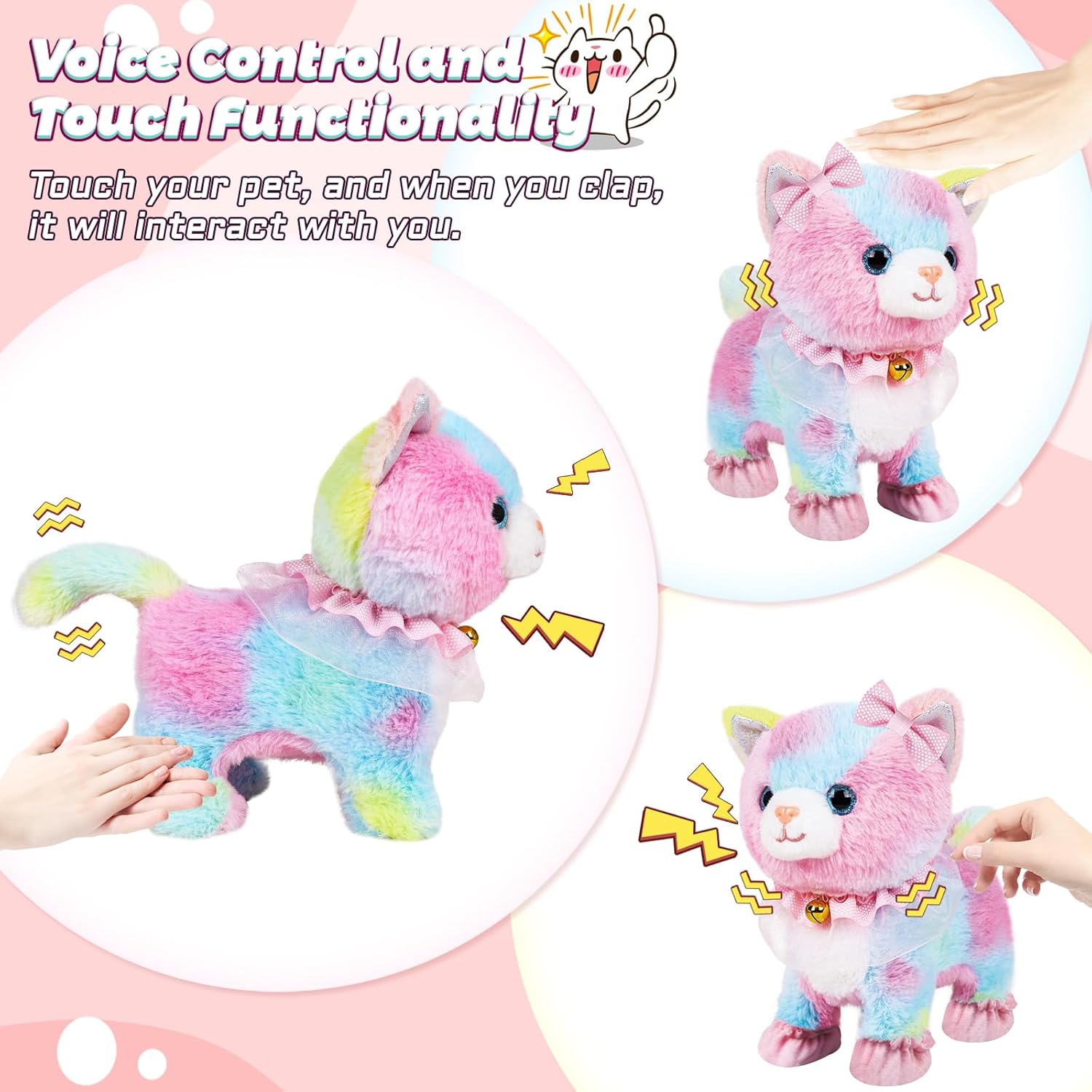 Touch & Voice Controlled Remote Lifelike Walking Cat Toy with Leash, Can Walk, Meow, and Wags Tail, Best Gift for Girls Ages 3+