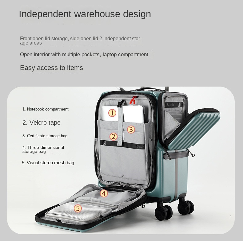 KLQDZMS Carry-on Suitcase Front Opening Laptop Boarding Case 20 Inch Charging Trolley Case Password Box Cabin Luggage - Image 4