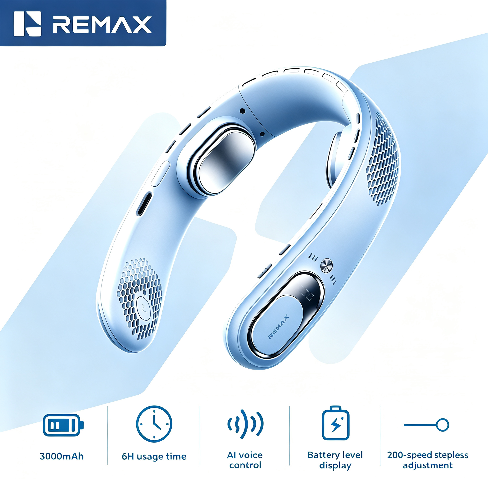 REMAX AI Voice  200 Speed Control Neck Fan 4 Core Motors Stepless Dual Airflow Bladeless USB Rechargeable Portable Fan for Travel