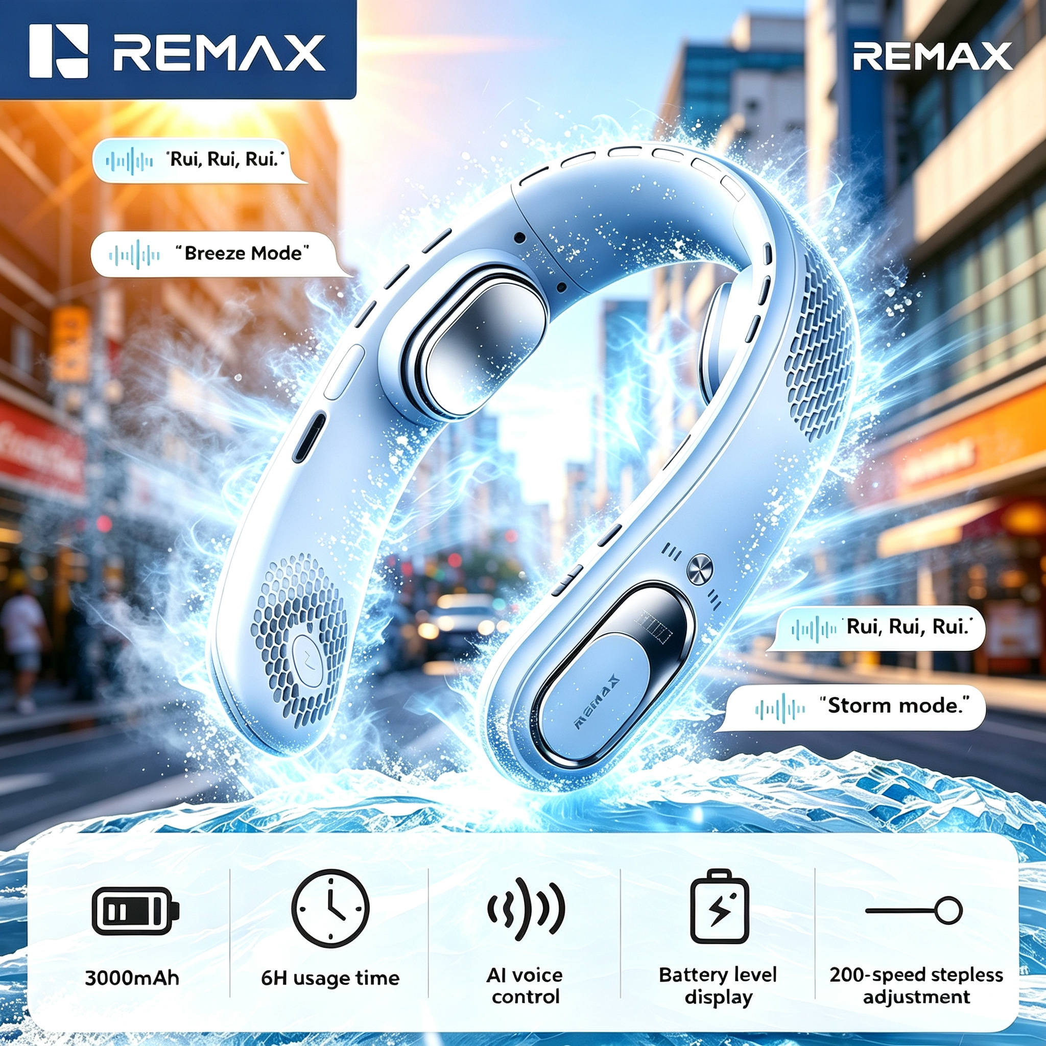 REMAX AI Voice Control Neck Fan 4 Core Motors Stepless 200 Speed Dual Airflow Bladeless USB Rechargeable Portable Fan for Travel
