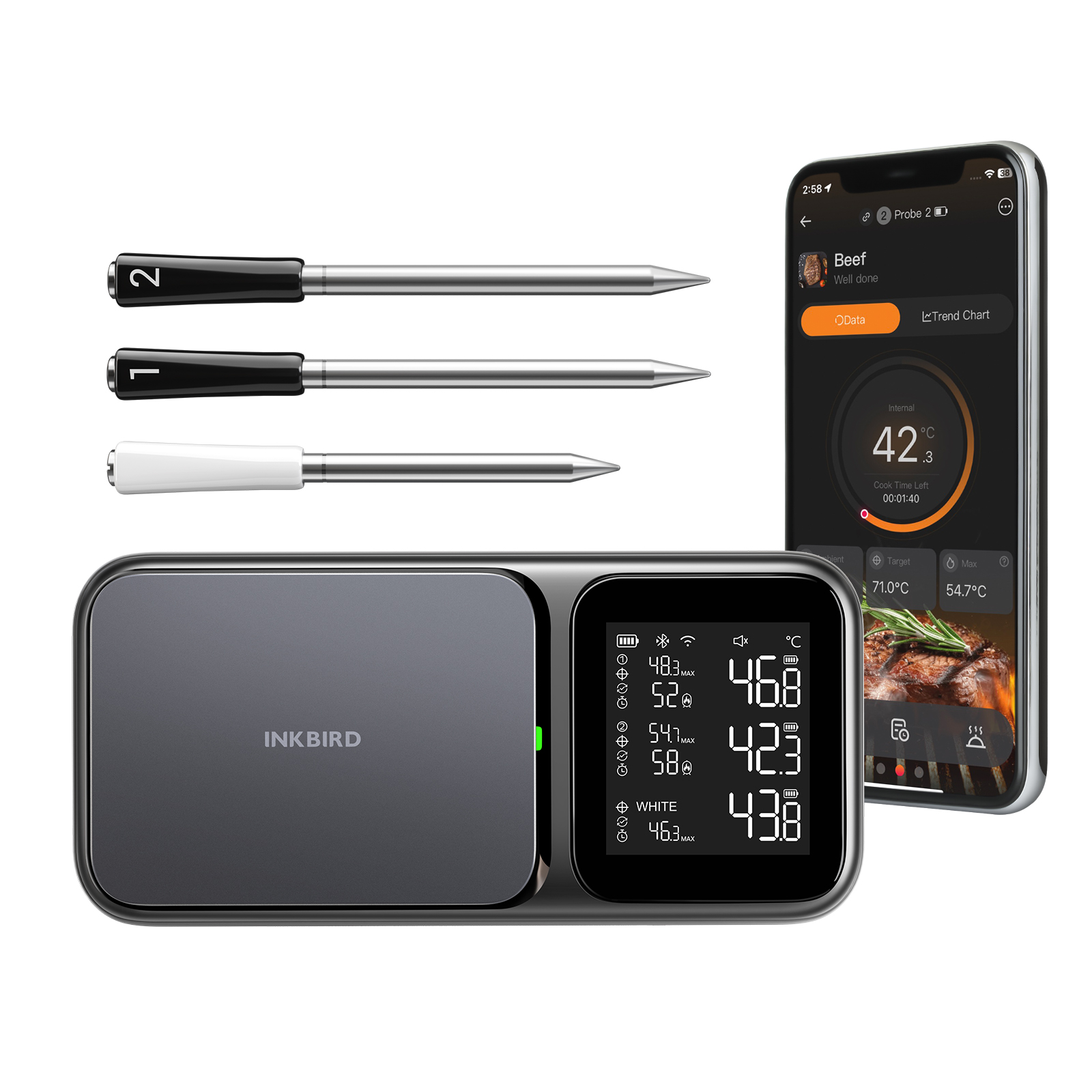 INKBIRD WiFi 5G & Bluetooth 5.4 Wireless Meat Thermometer with 3 Probes, AI Calibration, ±0.5°F Accuracy, 25H Battery, for BBQ