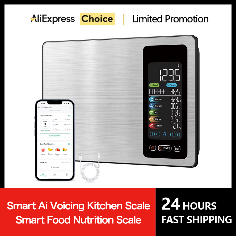 New AI Digital Smart Kitchen Scale 5kg/11lb USB Charge Stainless Steel Food Nutritional Calories Scale Voice Recognition Food